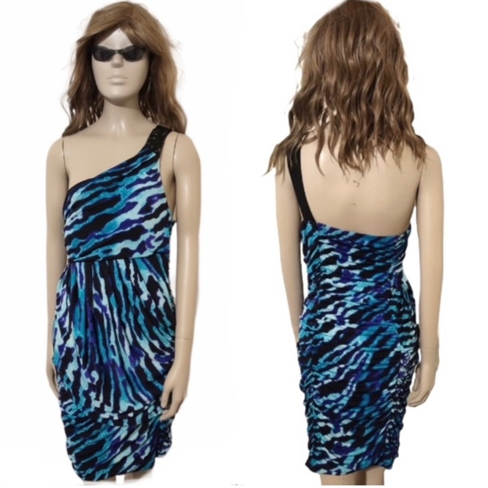 4/$20 • CITY TRIANGLE • Vibrant Black & Blue Zebra Stripe Cocktail Party Dress
